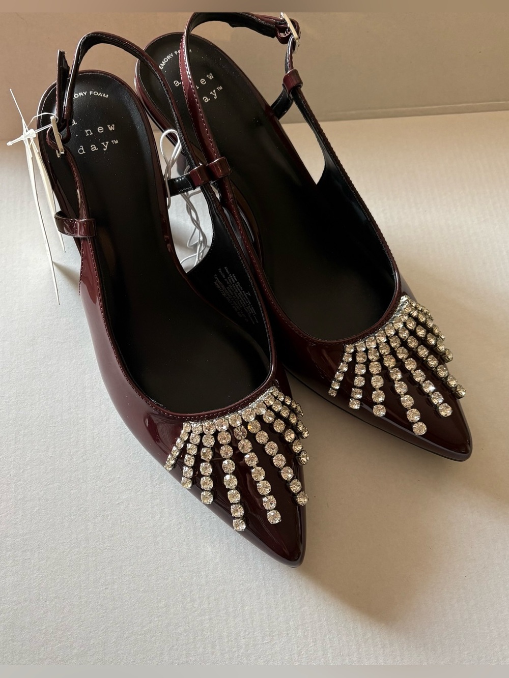 A New Day Burgundy Serafina Slingback Pumps w/Crystal Accent & Memory Foam NWT 7